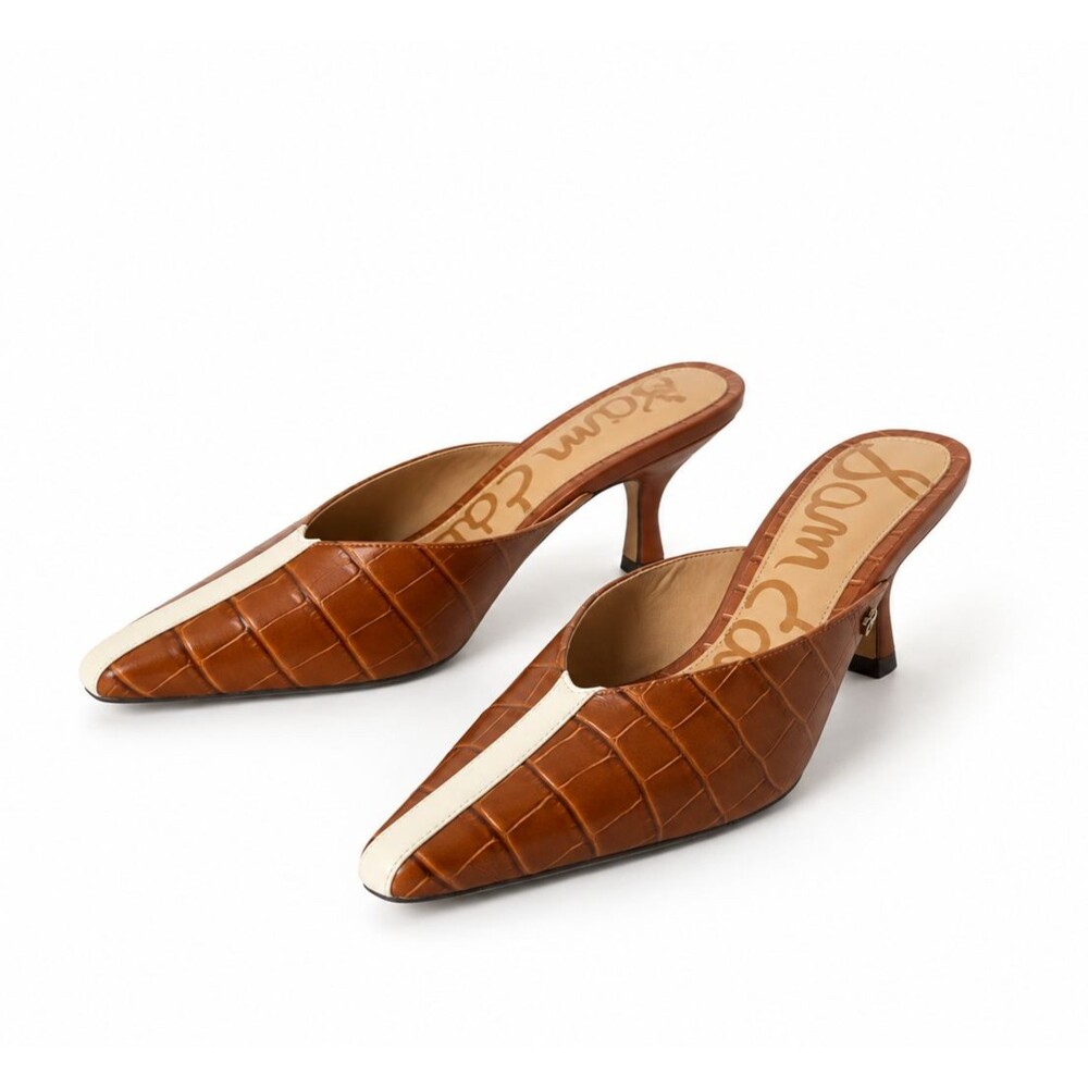 Sam Edelman Brown Croc Leather Mules Women 9 Pointed Toe Heels Y2K 90s